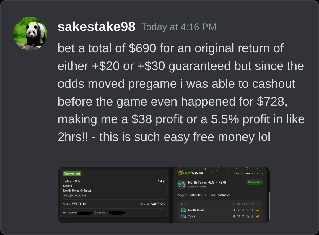 $690 in, cashed out for $728 before kickoff · NCAAF